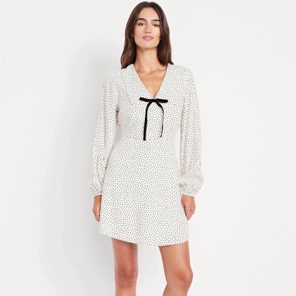 Polka Dot Long-Sleeve V-Neck Dress with Bow - White/Black